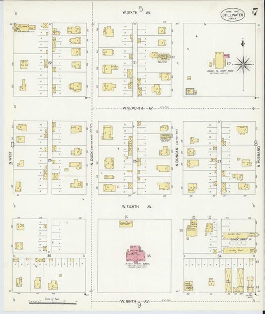 Sanborn Fire Insurance Map from Stillwater, Payne County, Oklahoma (1907), Sheet #0007 - Historic Sanborn Fire Insurance Map Print, vintage old map wall art, antique decor, genealogy gift, Oklahoma Oklahoma map