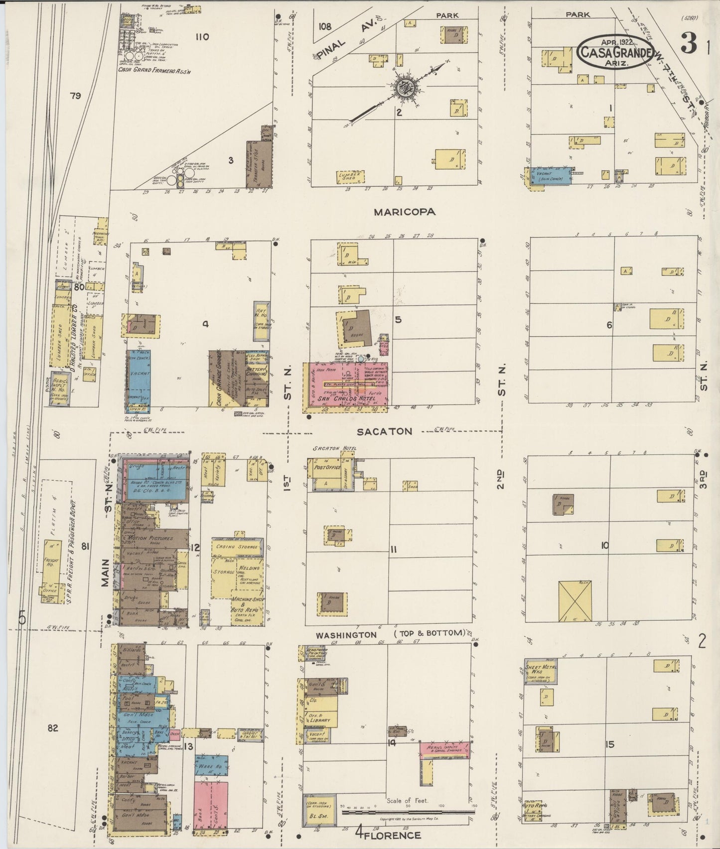 Sanborn Fire Insurance Map from Casa Grande, Pinal County, Arizona (1922), Sheet #0003 - Complete Map Set gallery image, historic Sanborn map, vintage wall art, Arizona Arizona