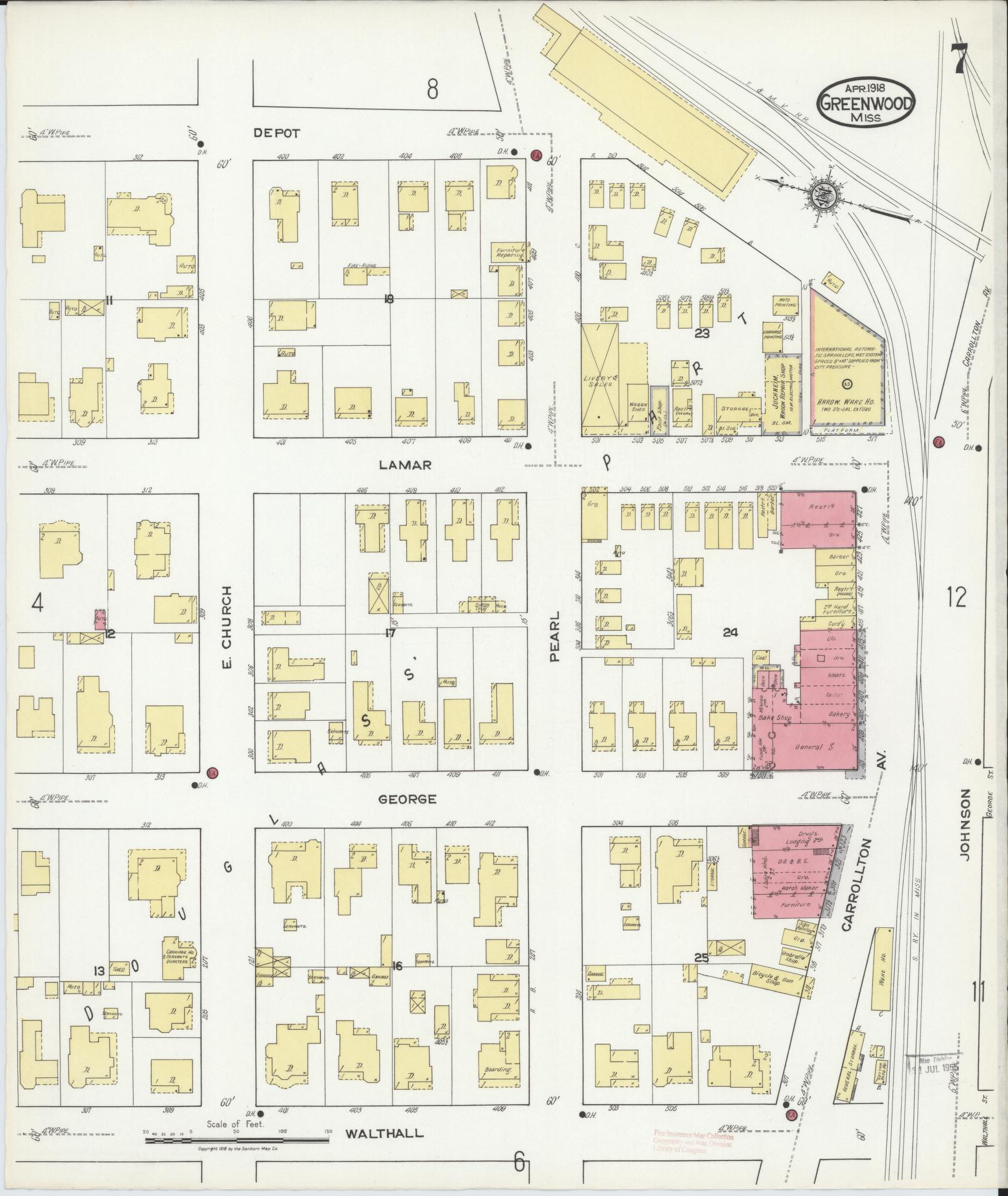 Sanborn Fire Insurance Map from Greenwood, Leflore County, Mississippi (1918), Sheet #0007 - Complete Map Set gallery image, historic Sanborn map, vintage wall art, Mississippi Mississippi