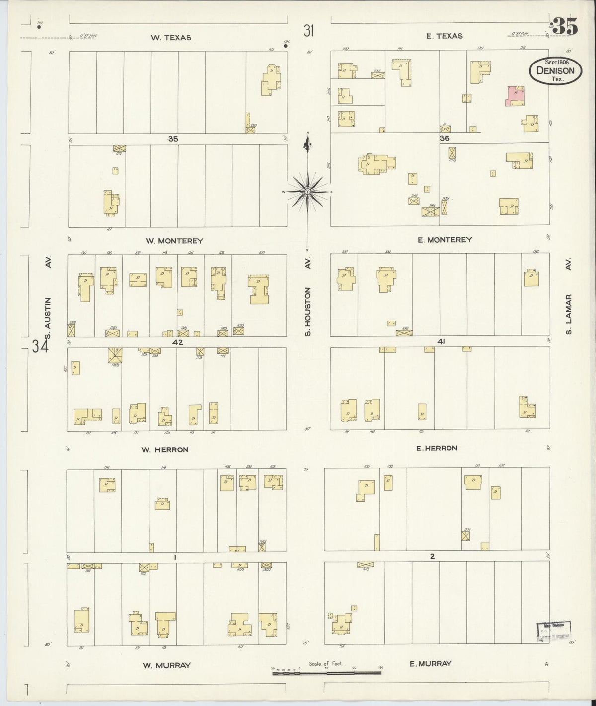 Sanborn Fire Insurance Map from Denison, Grayson County, Texas (1908), Sheet #0035 - Complete Map Set gallery image, historic Sanborn map, vintage wall art, Texas Texas