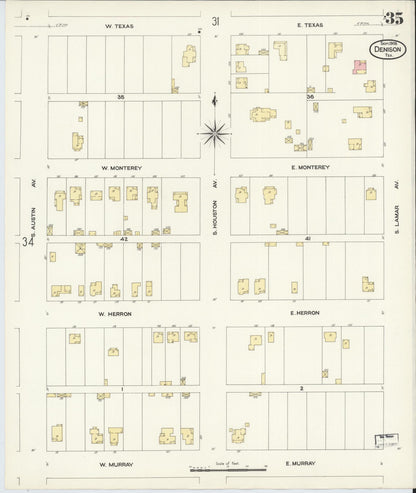 Sanborn Fire Insurance Map from Denison, Grayson County, Texas (1908), Sheet #0035 - Complete Map Set gallery image, historic Sanborn map, vintage wall art, Texas Texas
