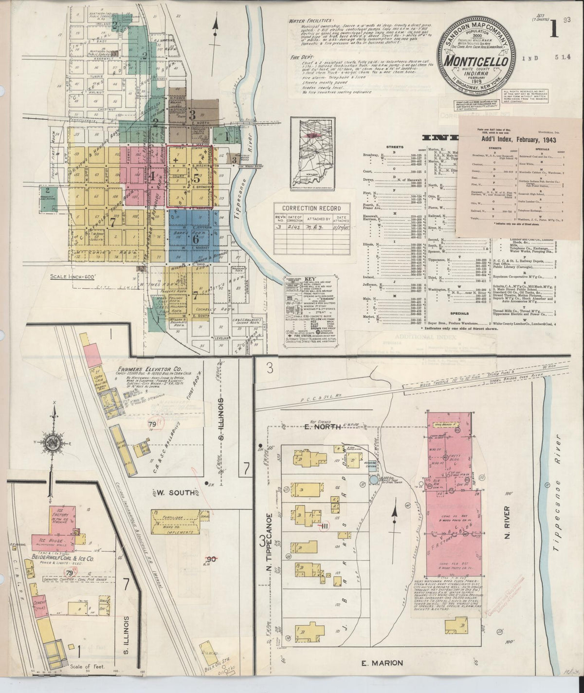 Sanborn Fire Insurance Map from Monticello, White County, Indiana (1943), Sheet #0001 - Historic Sanborn Fire Insurance Map Print, vintage old map wall art, antique decor, genealogy gift, Indiana Indiana map