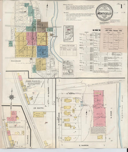 Sanborn Fire Insurance Map from Monticello, White County, Indiana (1943), Sheet #0001 - Historic Sanborn Fire Insurance Map Print, vintage old map wall art, antique decor, genealogy gift, Indiana Indiana map