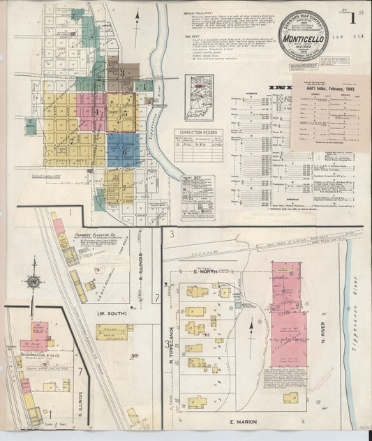Sanborn Fire Insurance Map from Monticello, White County, Indiana (1943), Sheet #0001 - Historic Sanborn Fire Insurance Map Print, vintage old map wall art, antique decor, genealogy gift, Indiana Indiana map