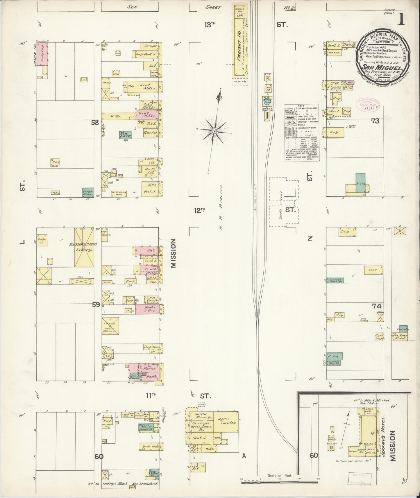 Sanborn Fire Insurance Map from San Miguel, San Luis Obispo County, California (1890), Sheet #0001 - Complete Map Set gallery image, historic Sanborn map, vintage wall art, California California