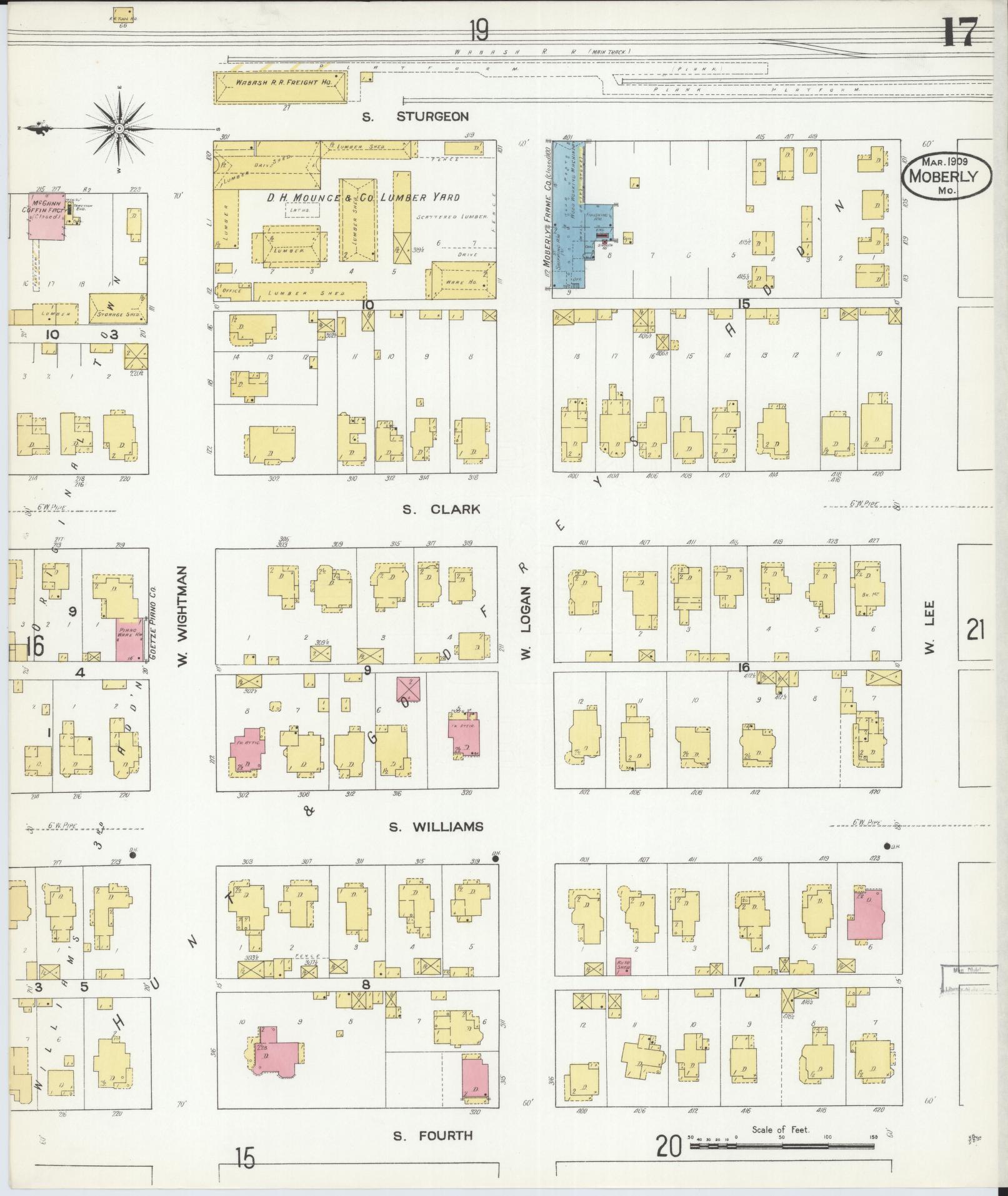 Sanborn Fire Insurance Map from Moberly, Randolph County, Missouri (1909), Sheet #0017 - Historic Sanborn Fire Insurance Map Print, vintage old map wall art, antique decor, genealogy gift, Missouri Missouri map