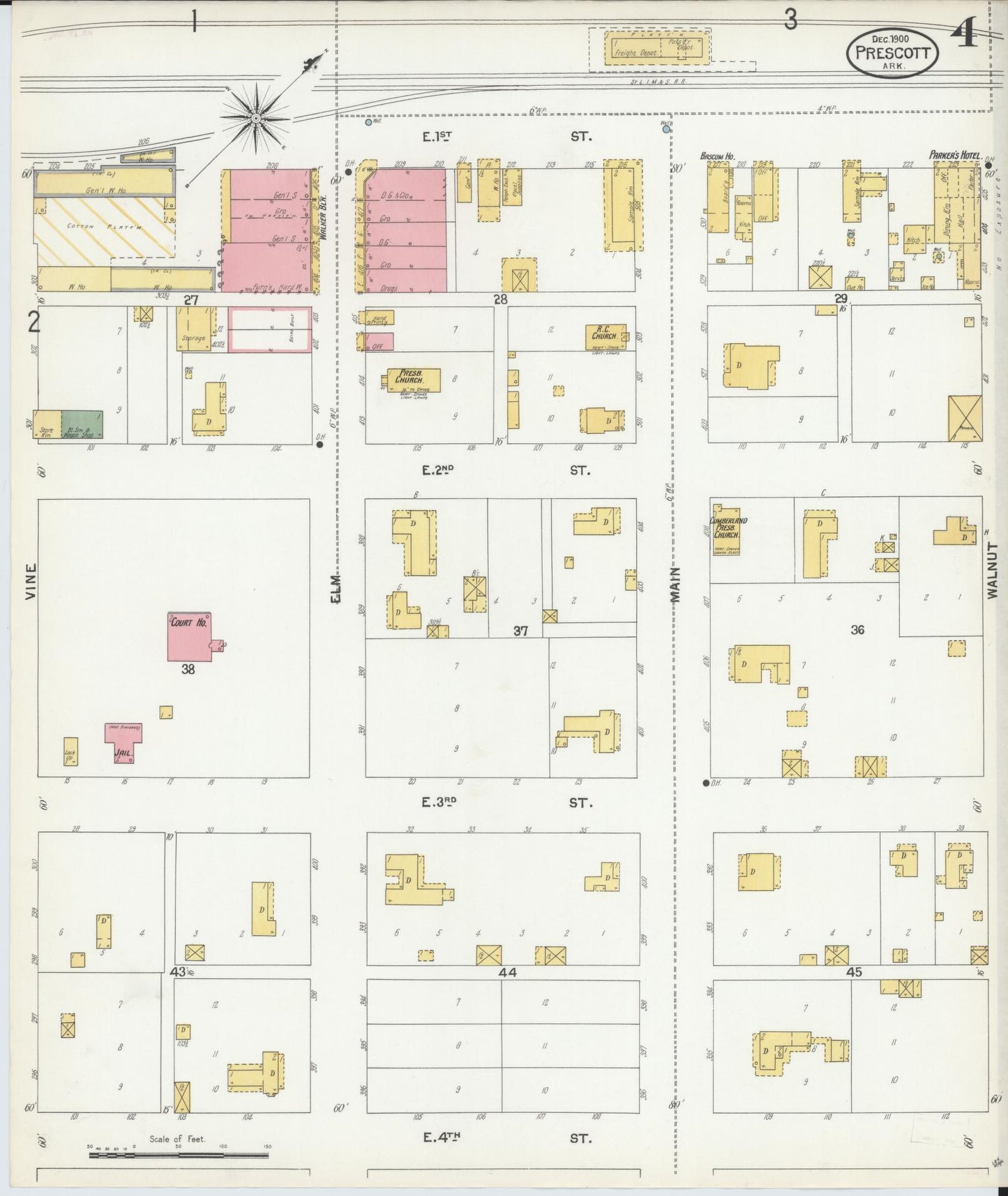 Sanborn Fire Insurance Map from Prescott, Nevada County, Arkansas (1900), Sheet #0004 - Historic Sanborn Fire Insurance Map Print, vintage old map wall art, antique decor, genealogy gift, Prescott Nevada map