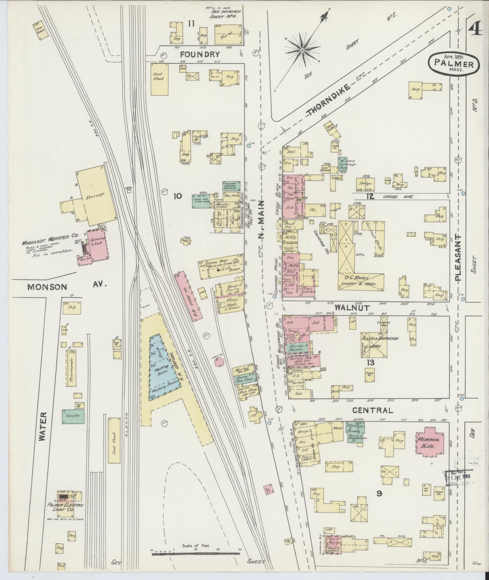 Sanborn Fire Insurance Map from Palmer, Hampden County, Massachusetts (1891), Sheet #0004 - Historic Sanborn Fire Insurance Map Print, vintage old map wall art, antique decor, genealogy gift, Massachusetts Massachusetts map