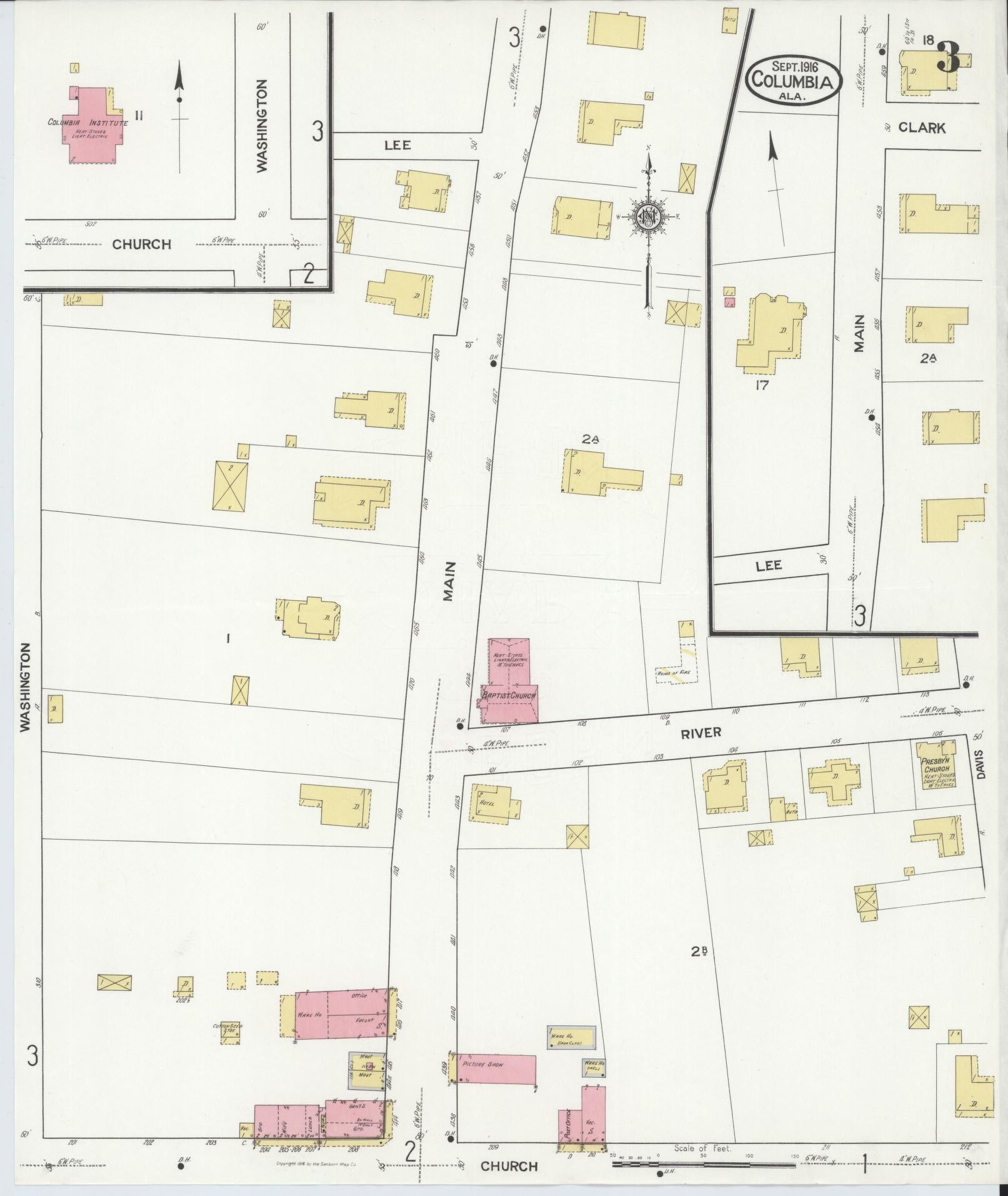 Sanborn Fire Insurance Map from Columbia, Houston County, Alabama (1916), Sheet #0003 - Complete Map Set gallery image, historic Sanborn map, vintage wall art, Alabama Alabama