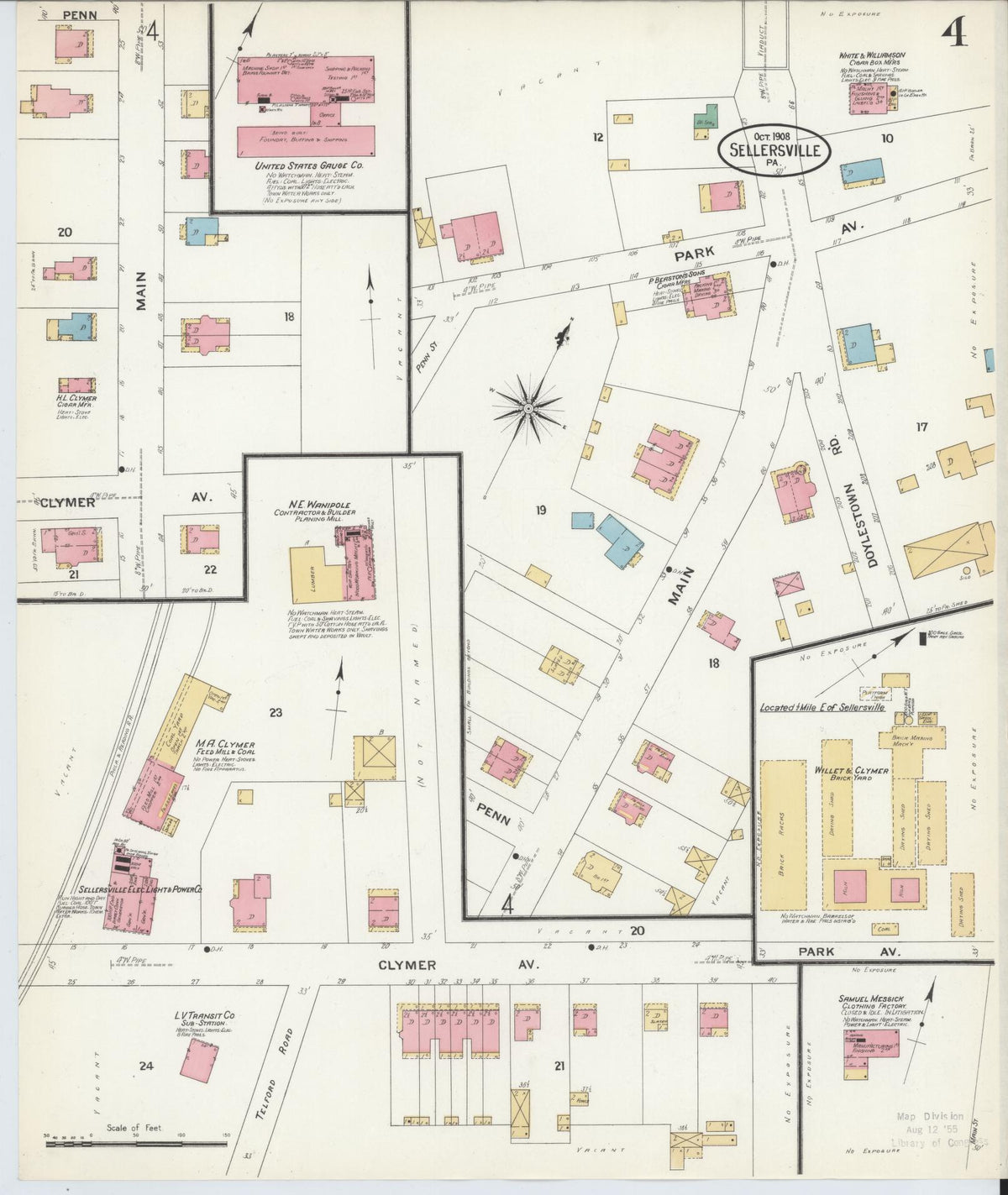 Sanborn Fire Insurance Map from Sellersville, Bucks County, Pennsylvania (1908), Sheet #0004 - Historic Sanborn Fire Insurance Map Print, vintage old map wall art, antique decor, genealogy gift, Pennsylvania Pennsylvania map