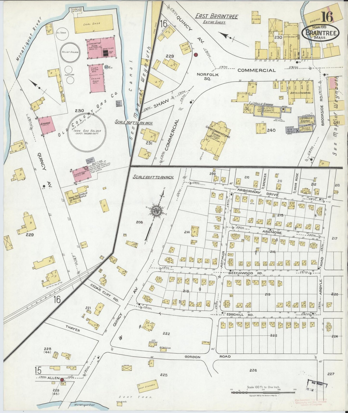 Sanborn Fire Insurance Map from Braintree, Norfolk County, Massachusetts (1919), Sheet #0016 - Historic Sanborn Fire Insurance Map Print, vintage old map wall art, antique decor, genealogy gift, Massachusetts Massachusetts map