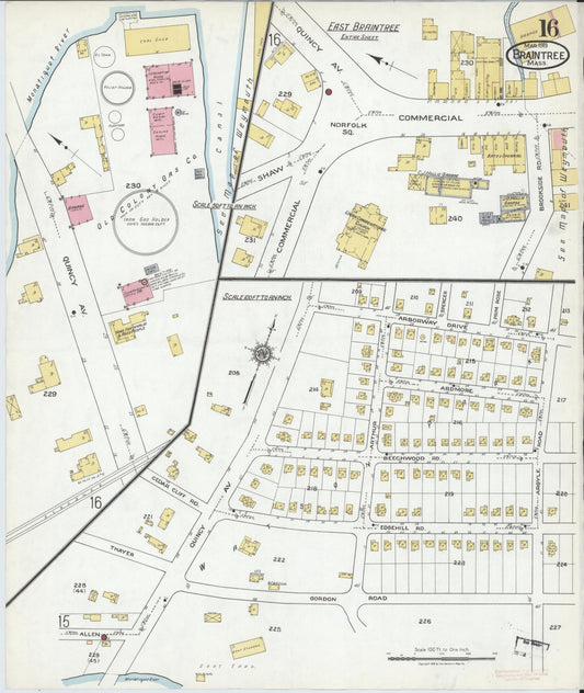 Sanborn Fire Insurance Map from Braintree, Norfolk County, Massachusetts (1919), Sheet #0016 - Historic Sanborn Fire Insurance Map Print, vintage old map wall art, antique decor, genealogy gift, Massachusetts Massachusetts map