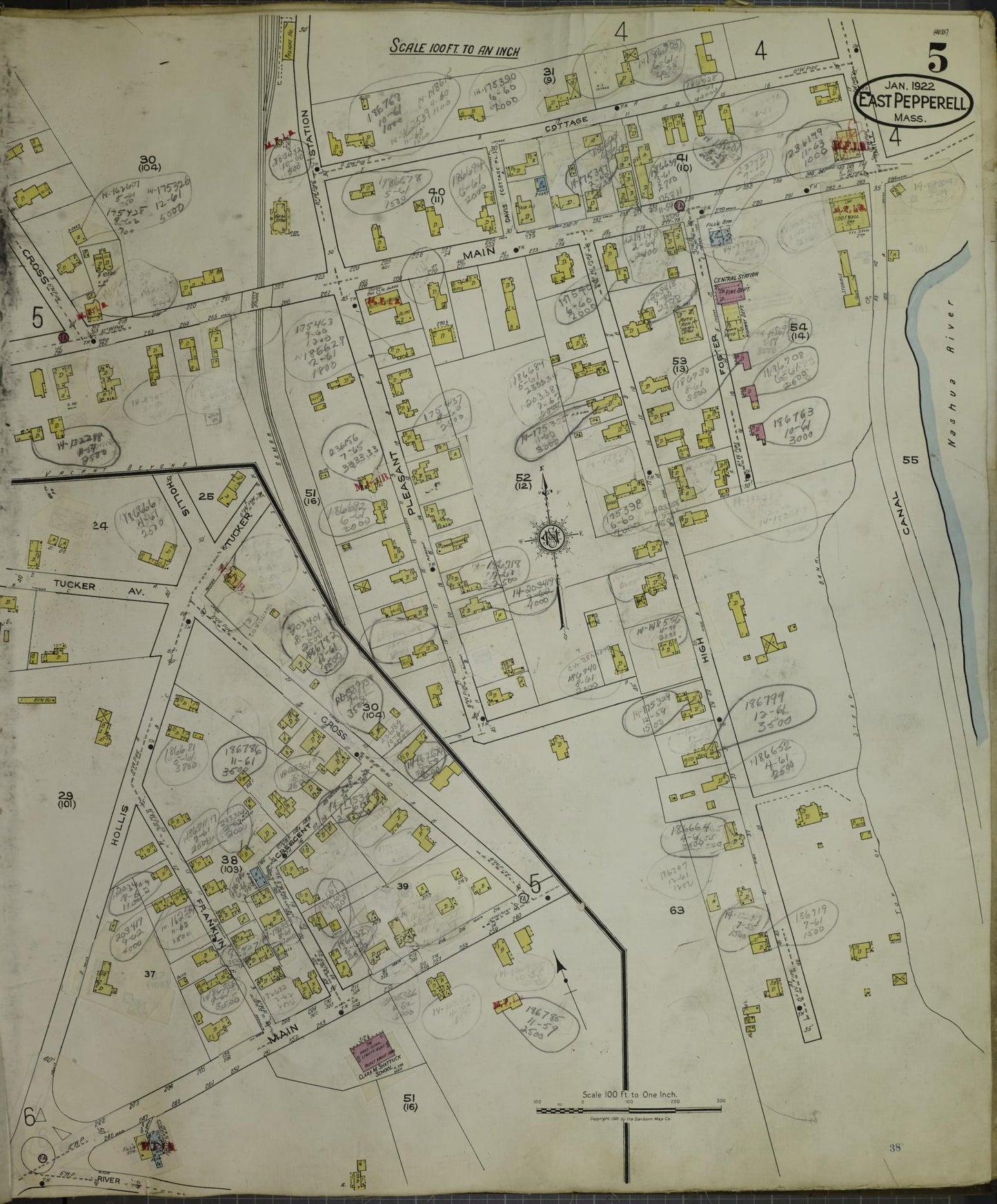 Sanborn Fire Insurance Map from East Pepperell, Middlesex County, Massachusetts (1953), Sheet #0005 - Historic Sanborn Fire Insurance Map Print, vintage old map wall art, antique decor, genealogy gift, Massachusetts Massachusetts map