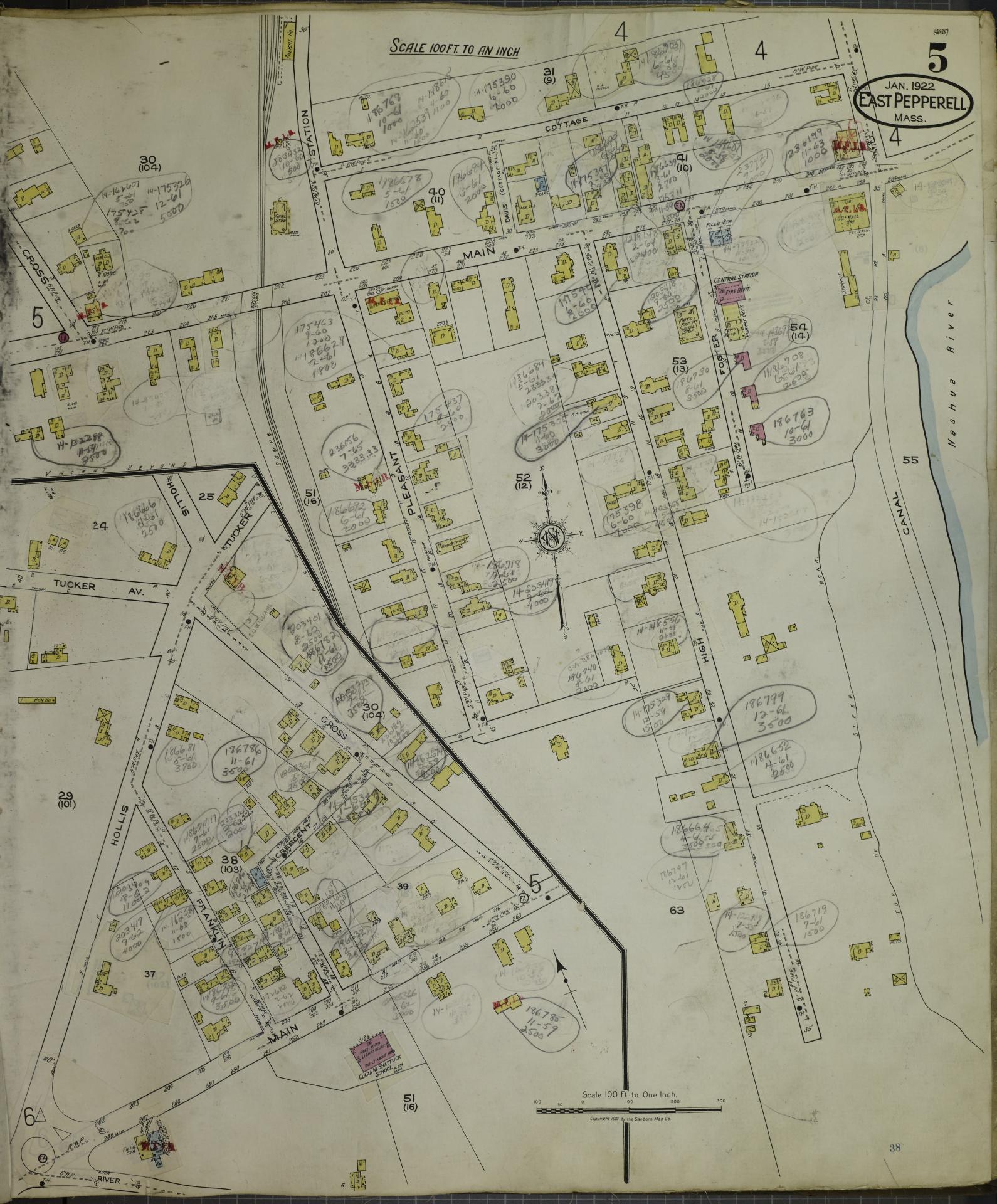 Sanborn Fire Insurance Map from East Pepperell, Middlesex County, Massachusetts (1953), Sheet #0005 - Historic Sanborn Fire Insurance Map Print, vintage old map wall art, antique decor, genealogy gift, Massachusetts Massachusetts map
