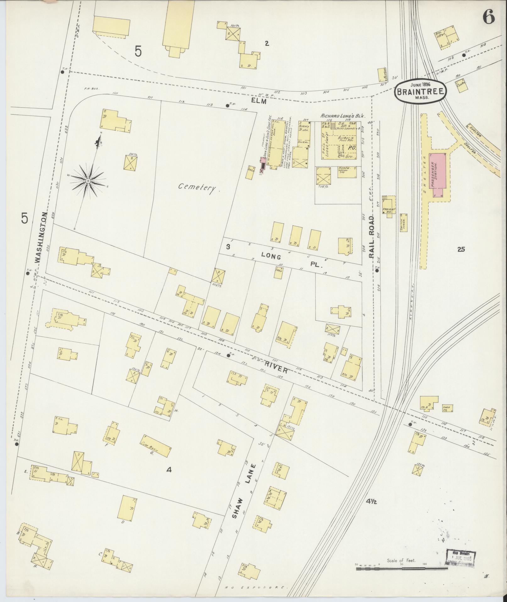 Sanborn Fire Insurance Map from Braintree, Norfolk County, Massachusetts (1896), Sheet #0006 - Complete Map Set gallery image, historic Sanborn map, vintage wall art, Massachusetts Massachusetts