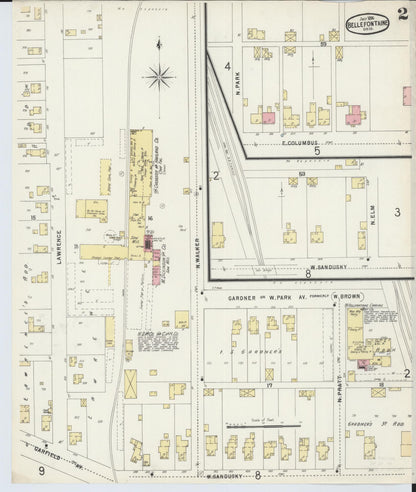 Sanborn Fire Insurance Map from Bellefontaine, Logan County, Ohio (1896), Sheet #0002 - Historic Sanborn Fire Insurance Map Print, vintage old map wall art, antique decor, genealogy gift, Ohio Ohio map