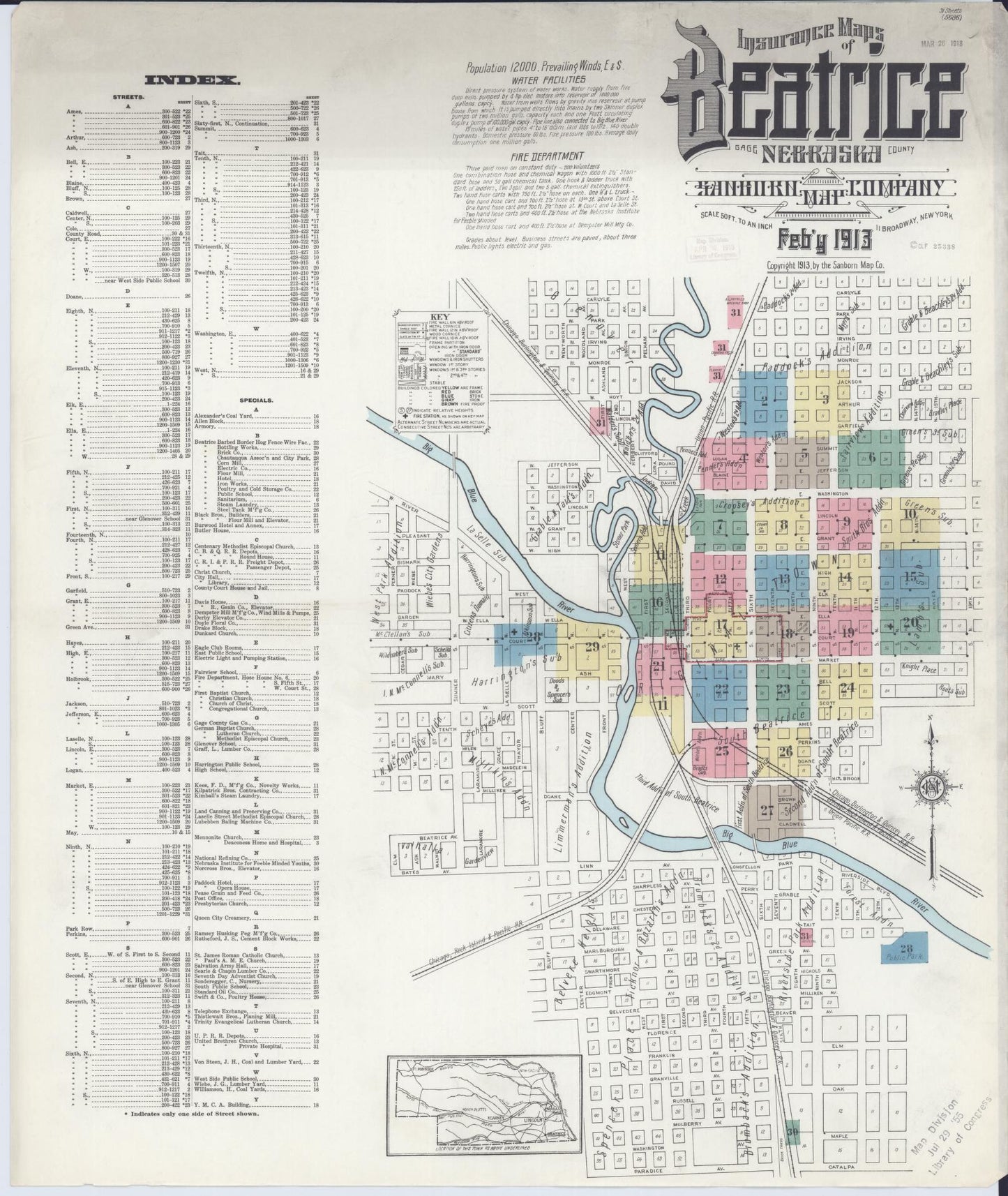 Sanborn Fire Insurance Map from Beatrice, Gage County, Nebraska. (1913) – Historic Sanborn Fire Insurance Map Print