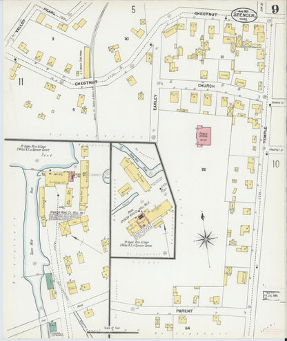 Sanborn Fire Insurance Map from Spencer, Worcester County, Massachusetts (1901), Sheet #0009 - Complete Map Set gallery image, historic Sanborn map, vintage wall art, Massachusetts Massachusetts
