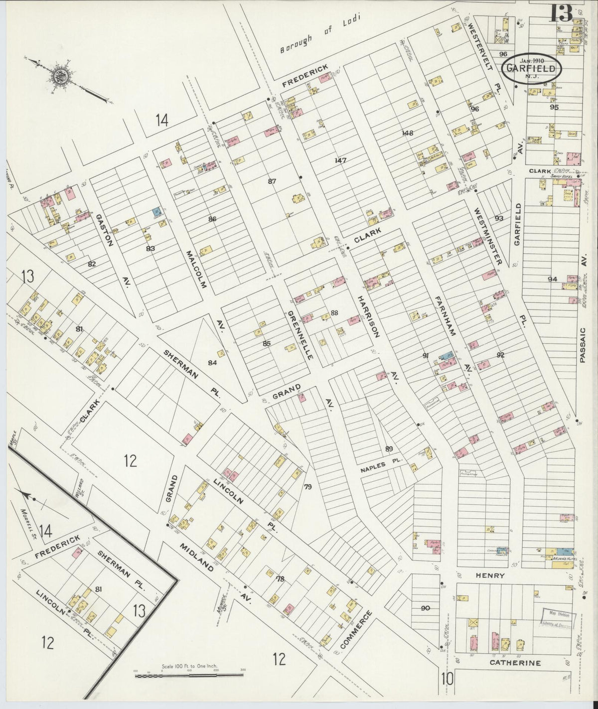 Sanborn Fire Insurance Map from Garfield, Bergen County, New Jersey (1910), Sheet #0013 - Historic Sanborn Fire Insurance Map Print, vintage old map wall art, antique decor, genealogy gift, New Jersey New Jersey map