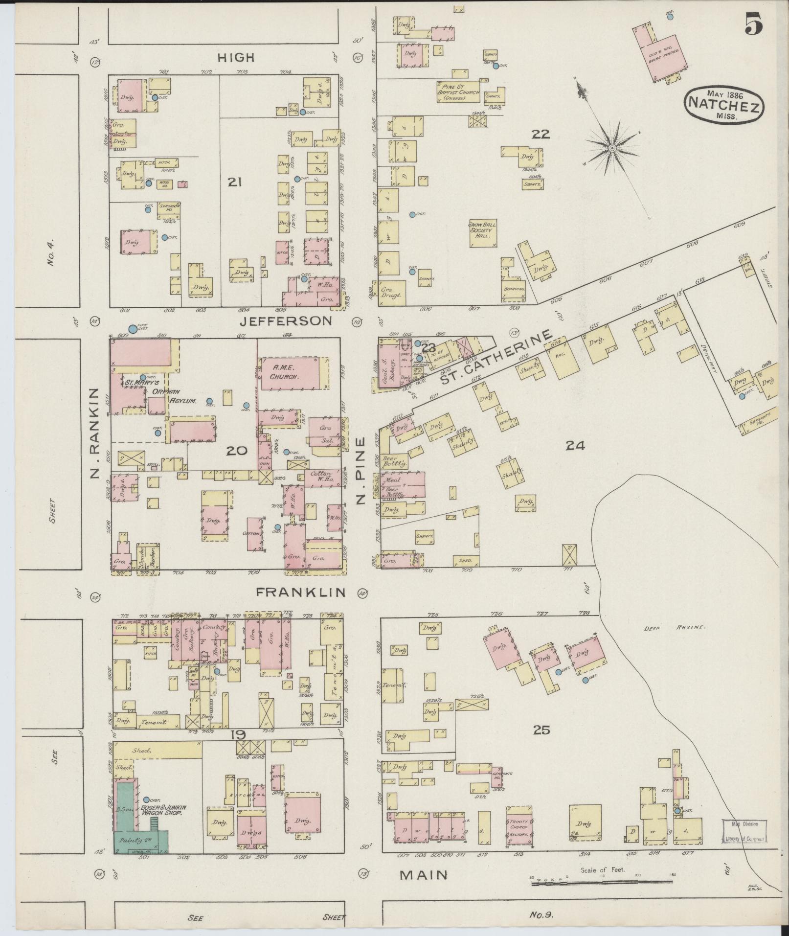 Sanborn Fire Insurance Map from Natchez, Adams County, Mississippi (1886), Sheet #0005 - Historic Sanborn Fire Insurance Map Print, vintage old map wall art, antique decor, genealogy gift, Mississippi Mississippi map