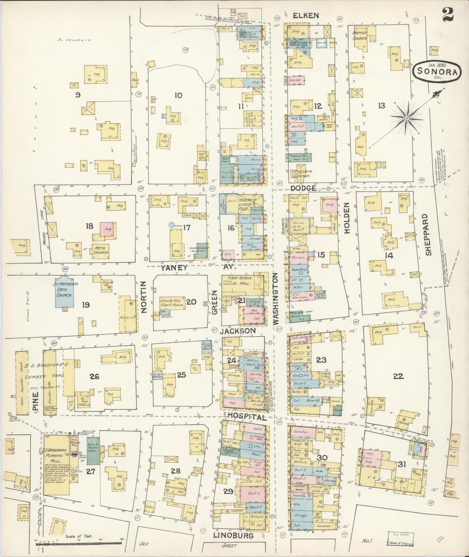 Sanborn Fire Insurance Map from Sonora, Tuolumne County, California (1890), Sheet #0002 - Complete Map Set gallery image, historic Sanborn map, vintage wall art, California California