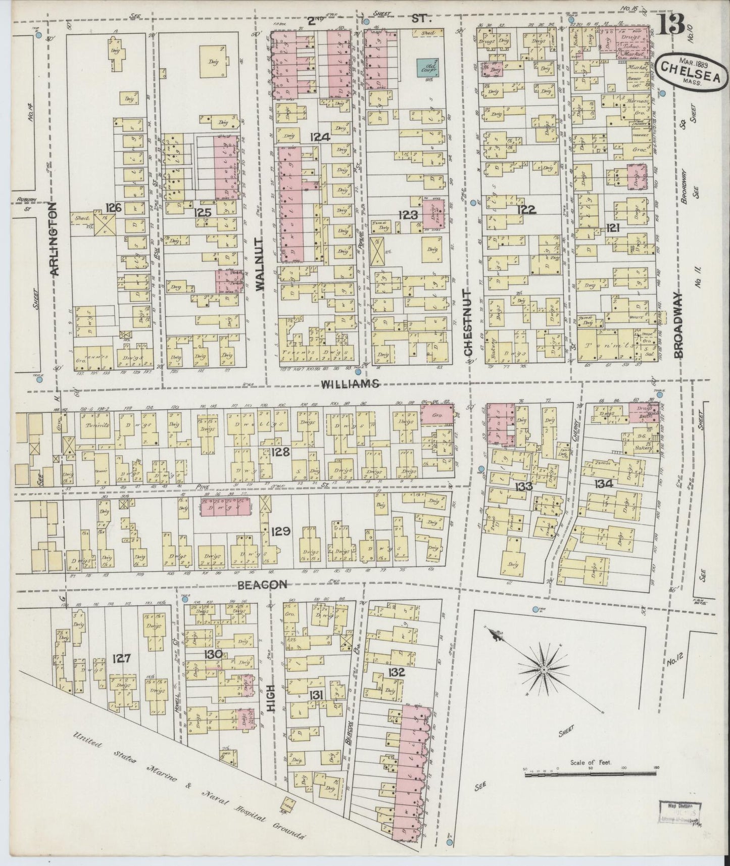 Sanborn Fire Insurance Map from Chelsea, Suffolk County, Massachusetts (1889), Sheet #0013 - Historic Sanborn Fire Insurance Map Print, vintage old map wall art, antique decor, genealogy gift, Massachusetts Massachusetts map