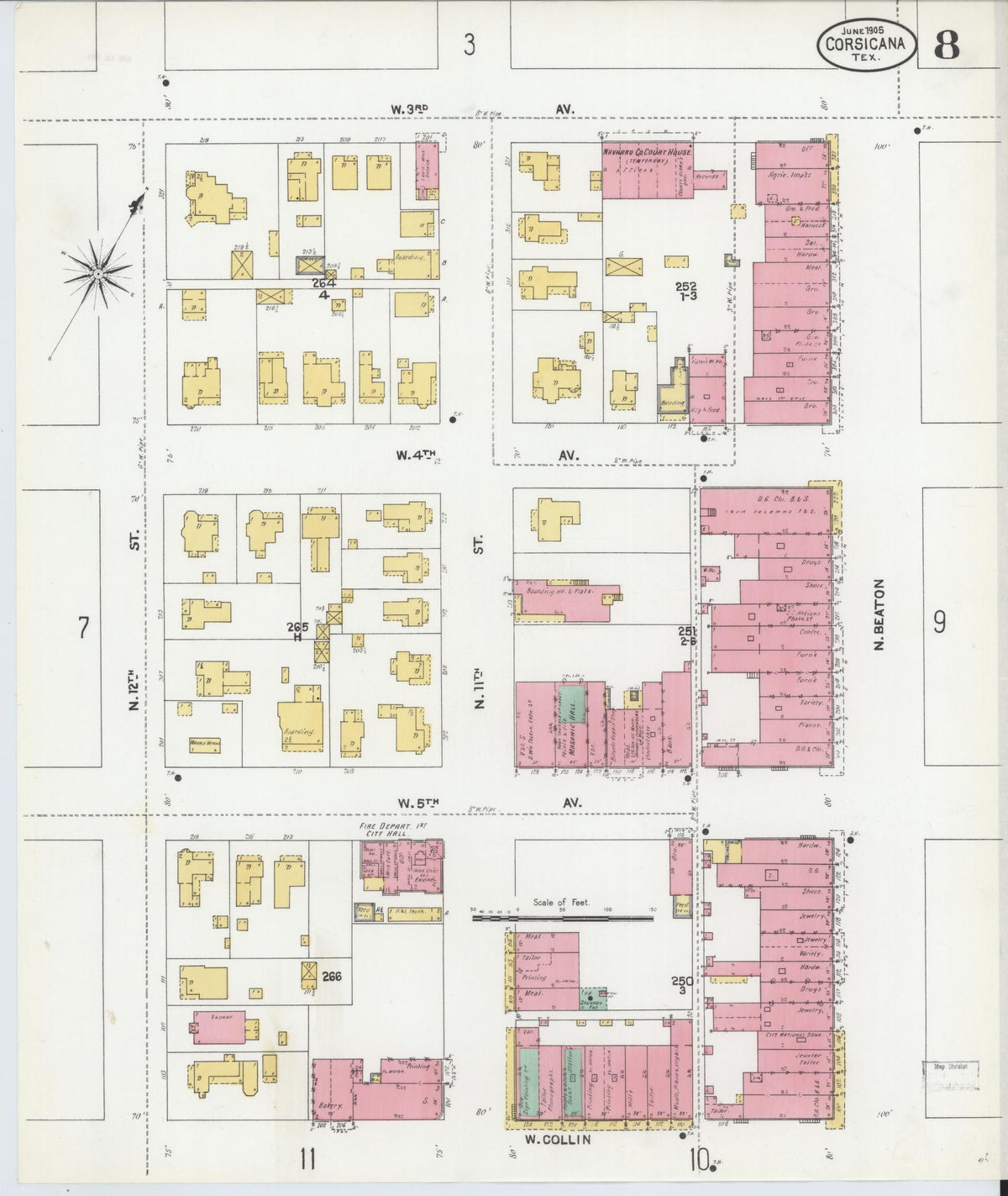 Sanborn Fire Insurance Map from Corsicana, Navarro County, Texas (1905), Sheet #0008 - Complete Map Set gallery image, historic Sanborn map, vintage wall art, Texas Texas