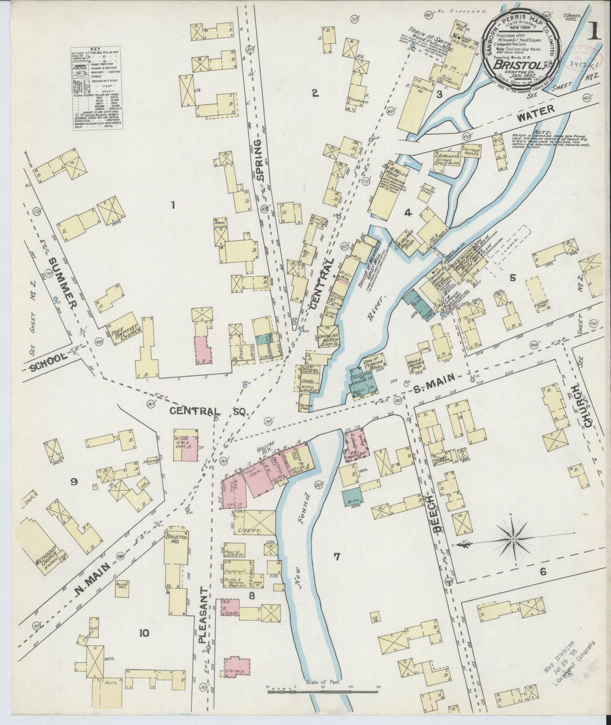 Sanborn Fire Insurance Map from Bristol, Grafton County, New Hampshire (1892), Sheet #0001 - Historic Sanborn Fire Insurance Map Print, vintage old map wall art, antique decor, genealogy gift, New Hampshire New Hampshire map