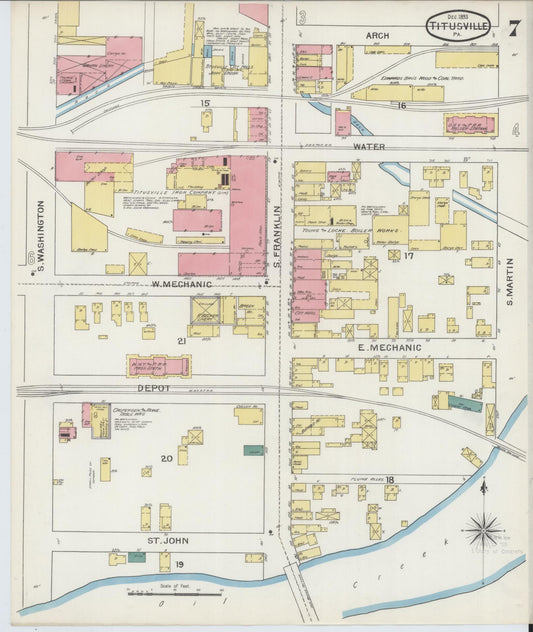 Sanborn Fire Insurance Map from Titusville, Crawford County, Pennsylvania (1893), Sheet #0007 - Historic Sanborn Fire Insurance Map Print, vintage old map wall art, antique decor, genealogy gift, Pennsylvania Pennsylvania map