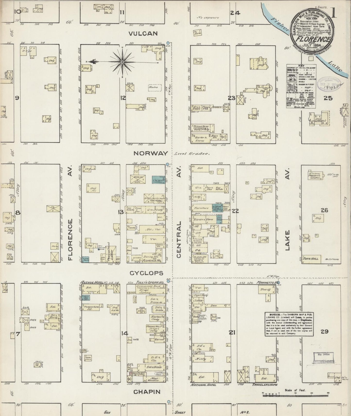 Sanborn Fire Insurance Map from Florence, Florence County, Wisconsin (1884), Sheet #0001 - Complete Map Set gallery image, historic Sanborn map, vintage wall art, Wisconsin Wisconsin