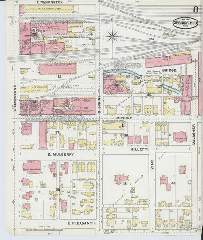 Sanborn Fire Insurance Map from Springfield, Clark County, Ohio (1891), Sheet #0008 - Historic Sanborn Fire Insurance Map Print, vintage old map wall art, antique decor, genealogy gift, Ohio Ohio map