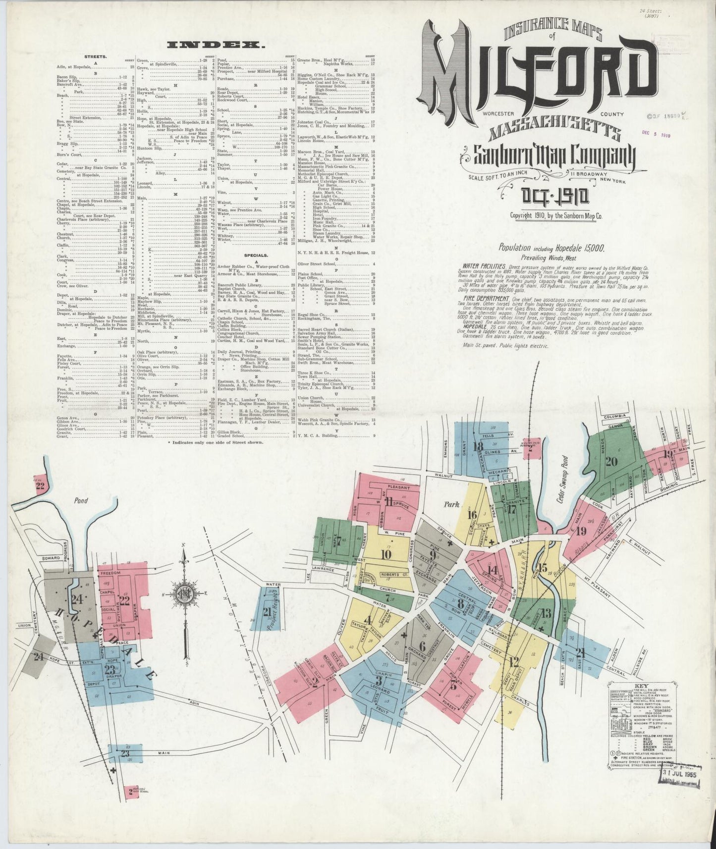 Sanborn Fire Insurance Map from Milford, Worcester County, Massachusetts (1910), Sheet #0001 - Historic Sanborn Fire Insurance Map Print, vintage old map wall art, antique decor, genealogy gift, Massachusetts Massachusetts map