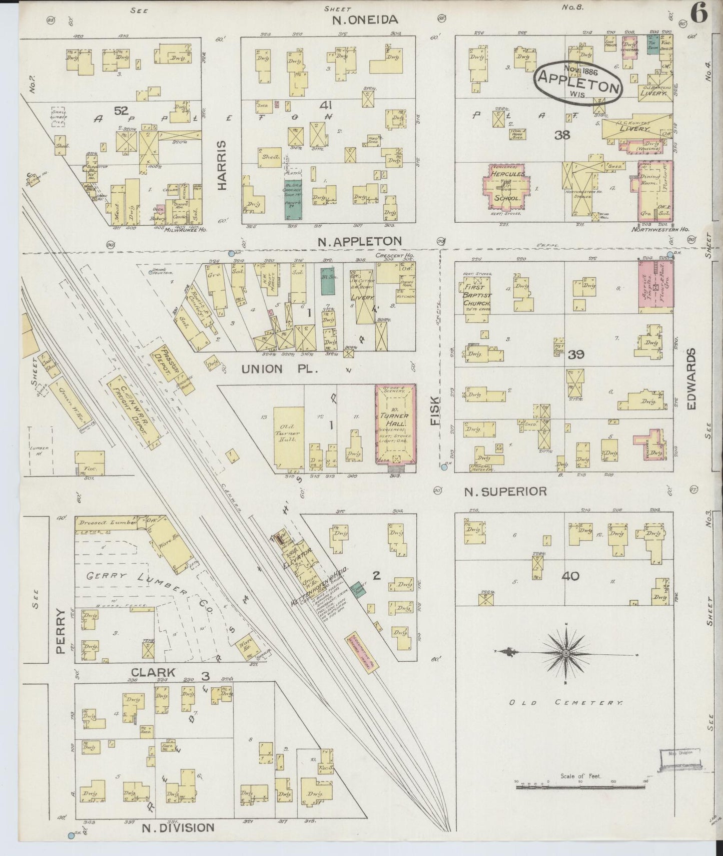 Sanborn Fire Insurance Map from Appleton, Outagamie County, Wisconsin (1886), Sheet #0006 - Historic Sanborn Fire Insurance Map Print, vintage old map wall art, antique decor, genealogy gift, Wisconsin Wisconsin map
