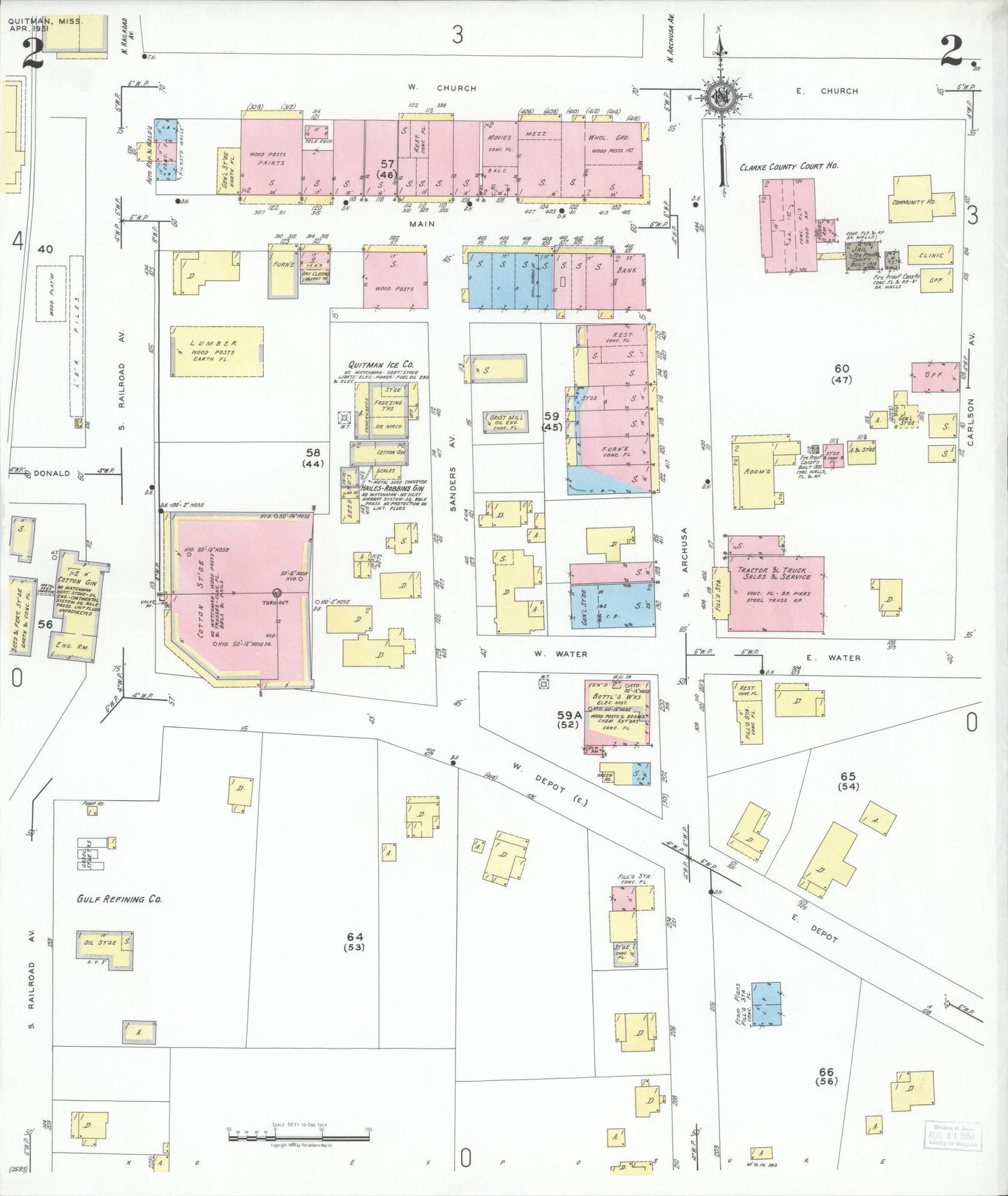 Sanborn Fire Insurance Map from Quitman, Clarke County, Mississippi (1951), Sheet #0002 - Historic Sanborn Fire Insurance Map Print, vintage old map wall art, antique decor, genealogy gift, Mississippi Mississippi map