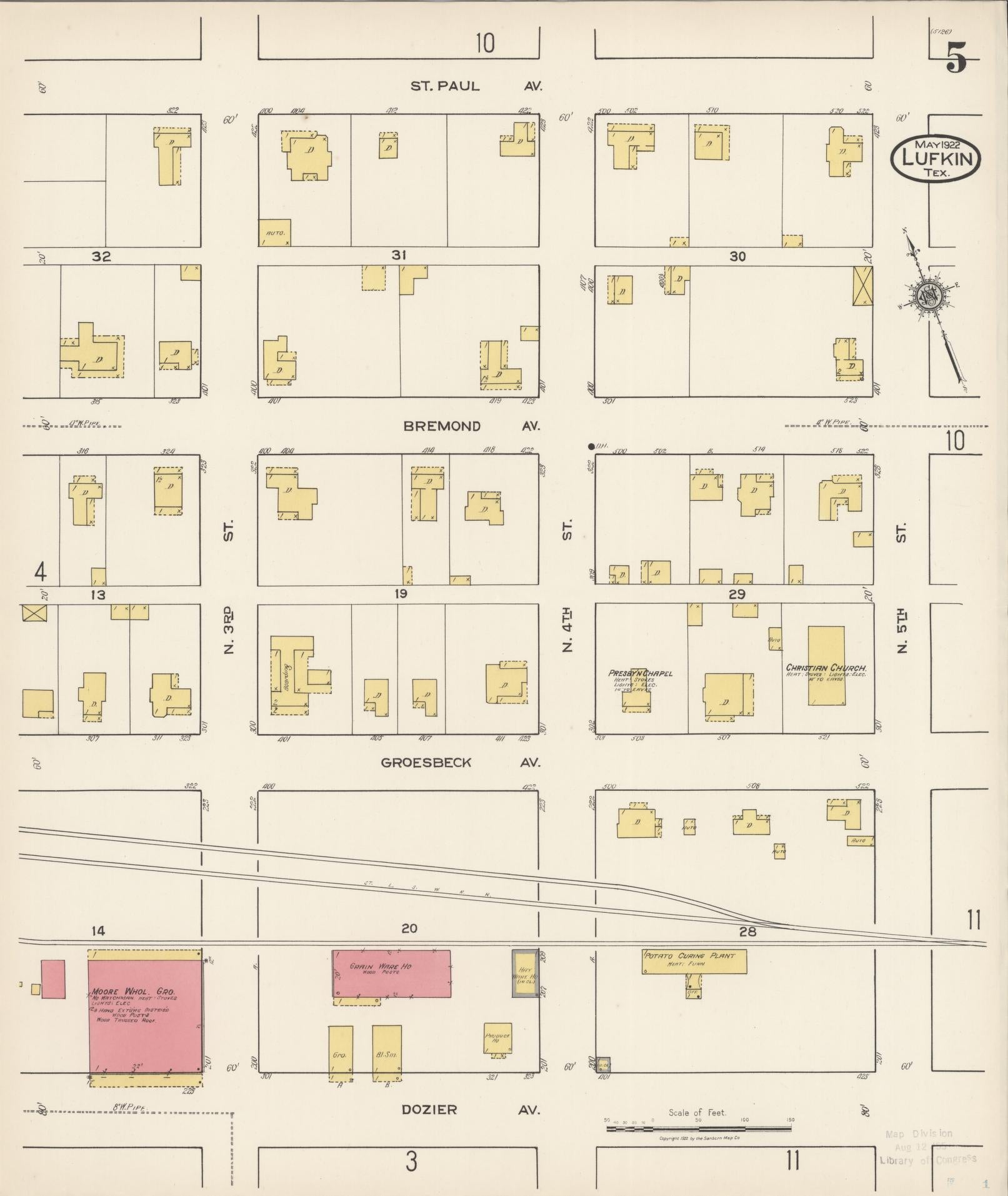 Sanborn Fire Insurance Map from Lufkin, Angelina County, Texas (1922), Sheet #0005 - Historic Sanborn Fire Insurance Map Print, vintage old map wall art, antique decor, genealogy gift, Texas Texas map