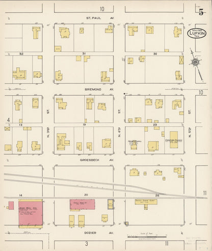 Sanborn Fire Insurance Map from Lufkin, Angelina County, Texas (1922), Sheet #0005 - Historic Sanborn Fire Insurance Map Print, vintage old map wall art, antique decor, genealogy gift, Texas Texas map