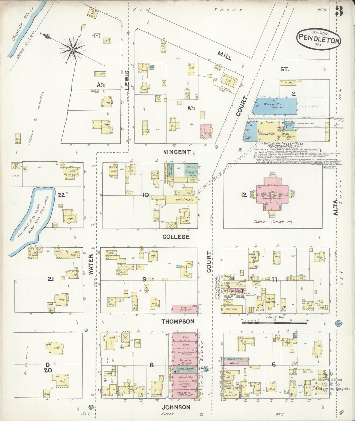 Sanborn Fire Insurance Map from Pendleton, Umatilla County, Oregon (1890), Sheet #0003 - Historic Sanborn Fire Insurance Map Print, vintage old map wall art, antique decor, genealogy gift, Oregon Oregon map