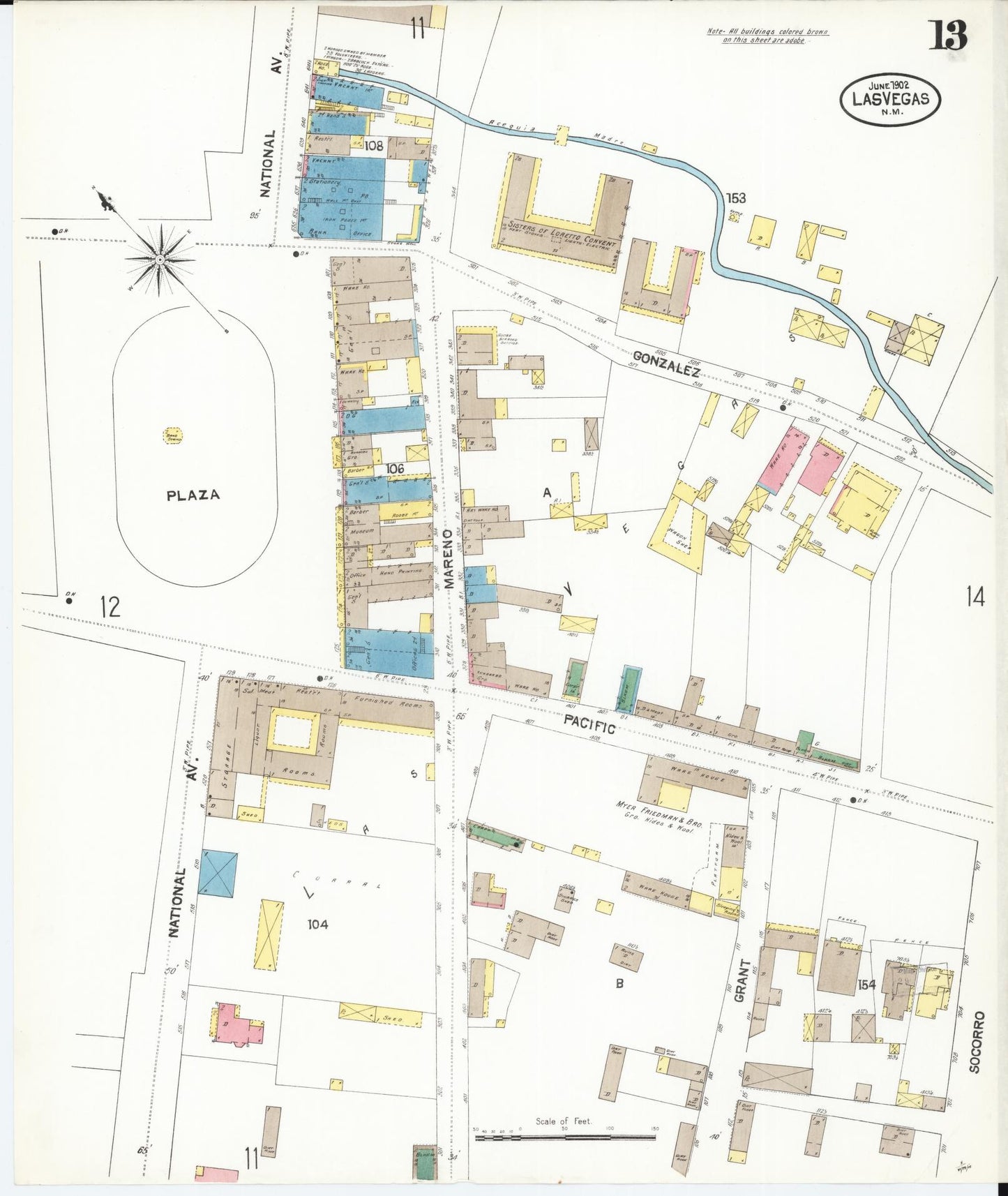 Sanborn Fire Insurance Map from Las Vegas, San Miguel County, New Mexico (1902), Sheet #0013 - Complete Map Set gallery image, historic Sanborn map, vintage wall art, New Mexico New Mexico