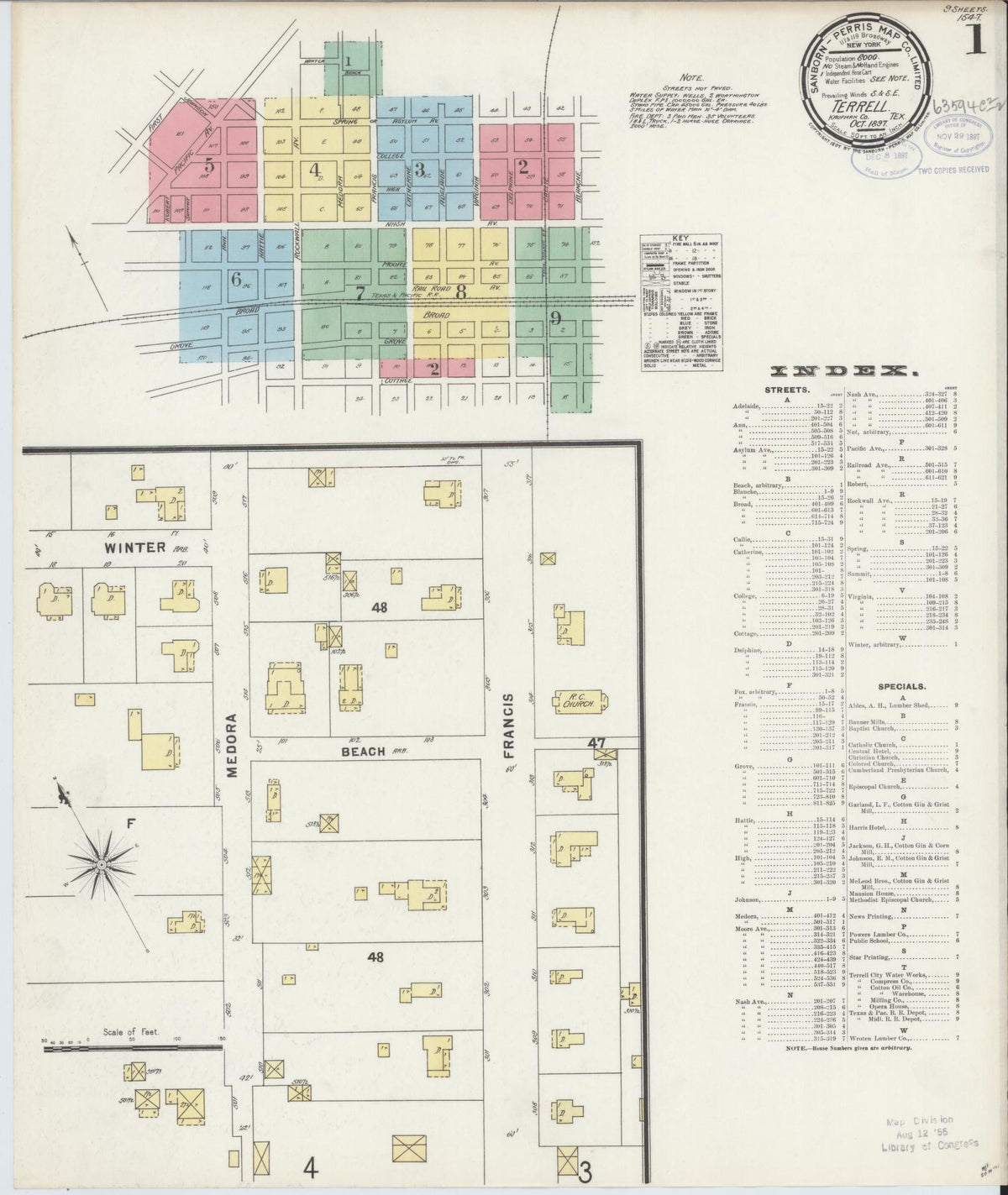Sanborn Fire Insurance Map from Terrell, Kaufman County, Texas (1897), Sheet #0001 - Complete Map Set gallery image, historic Sanborn map, vintage wall art, Texas Texas
