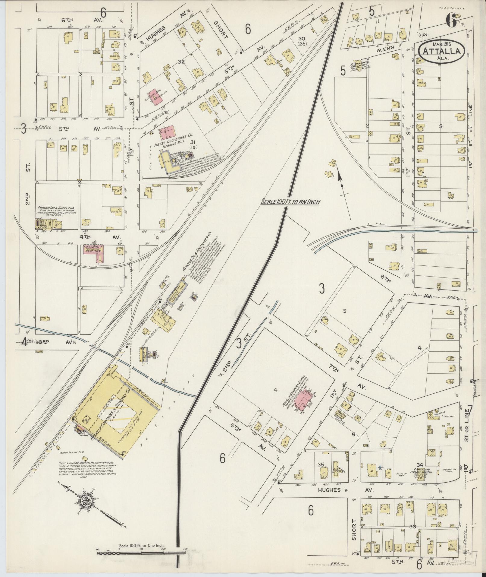 Sanborn Fire Insurance Map from Attalla, Etowah County, Alabama (1915), Sheet #0006 - Historic Sanborn Fire Insurance Map Print, vintage old map wall art, antique decor, genealogy gift, Alabama Alabama map