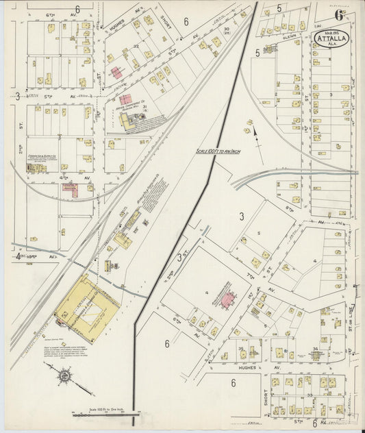 Sanborn Fire Insurance Map from Attalla, Etowah County, Alabama (1915), Sheet #0006 - Historic Sanborn Fire Insurance Map Print, vintage old map wall art, antique decor, genealogy gift, Alabama Alabama map