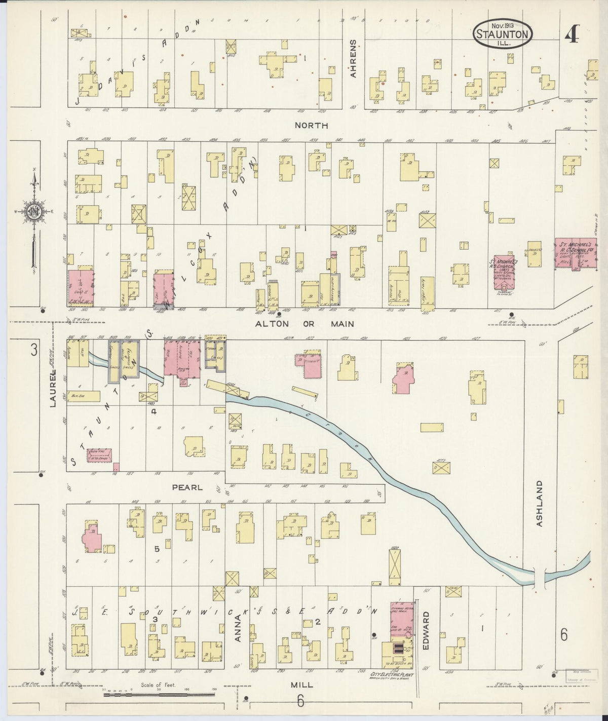 Sanborn Fire Insurance Map from Staunton, Macoupin County, Illinois (1913), Sheet #0004 - Historic Sanborn Fire Insurance Map Print, vintage old map wall art, antique decor, genealogy gift, Illinois Illinois map