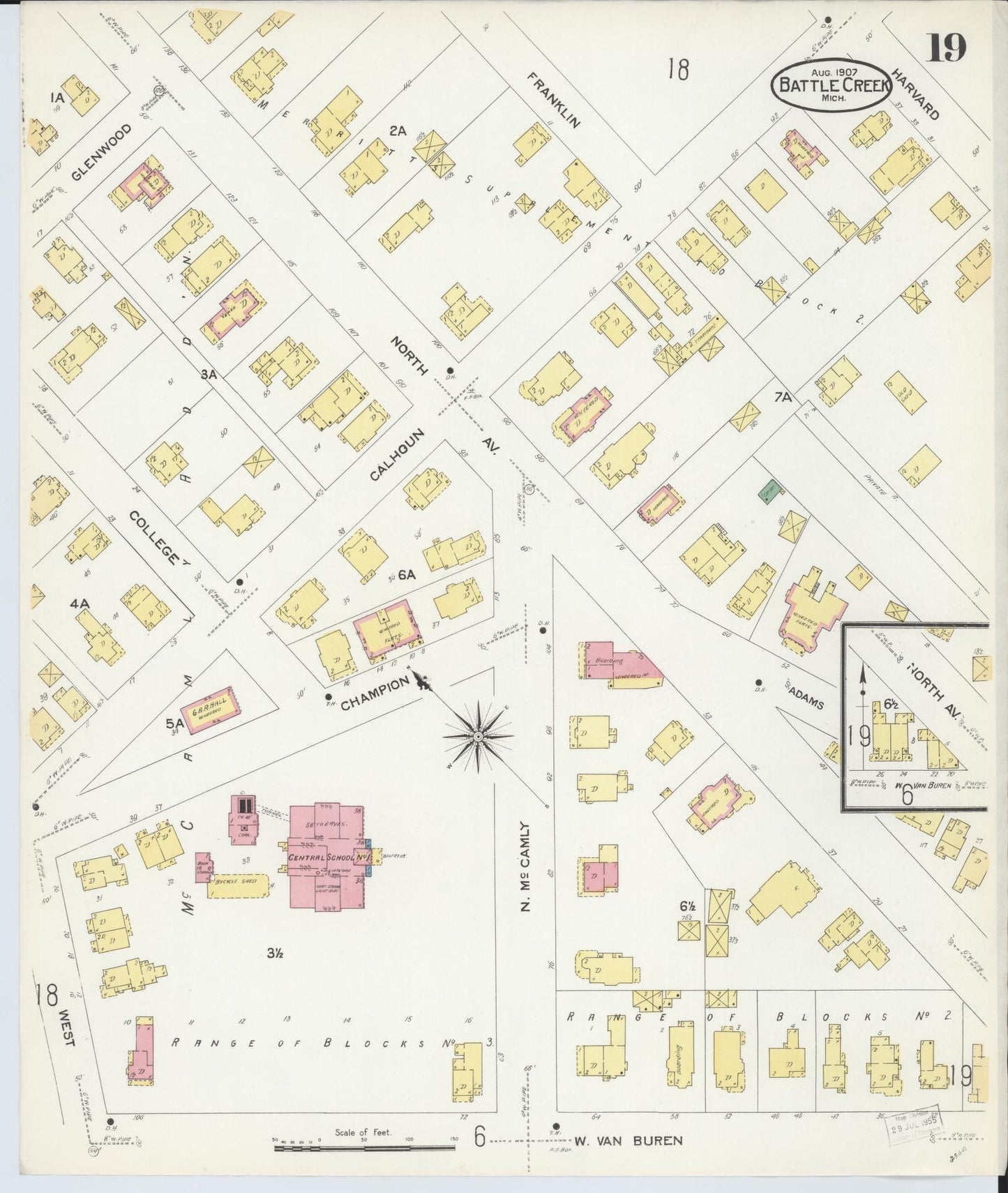 Sanborn Fire Insurance Map from Battle Creek, Calhoun County, Michigan (1907), Sheet #0019 - Historic Sanborn Fire Insurance Map Print, vintage old map wall art, antique decor, genealogy gift, Michigan Michigan map