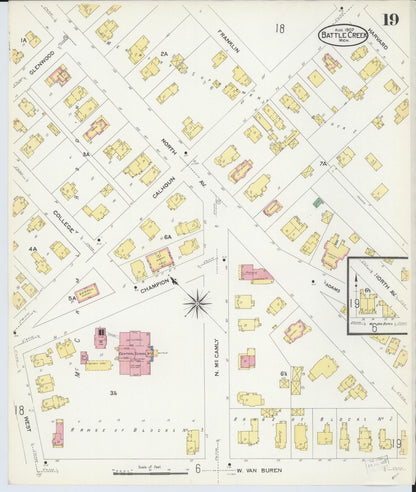 Sanborn Fire Insurance Map from Battle Creek, Calhoun County, Michigan (1907), Sheet #0019 - Historic Sanborn Fire Insurance Map Print, vintage old map wall art, antique decor, genealogy gift, Michigan Michigan map