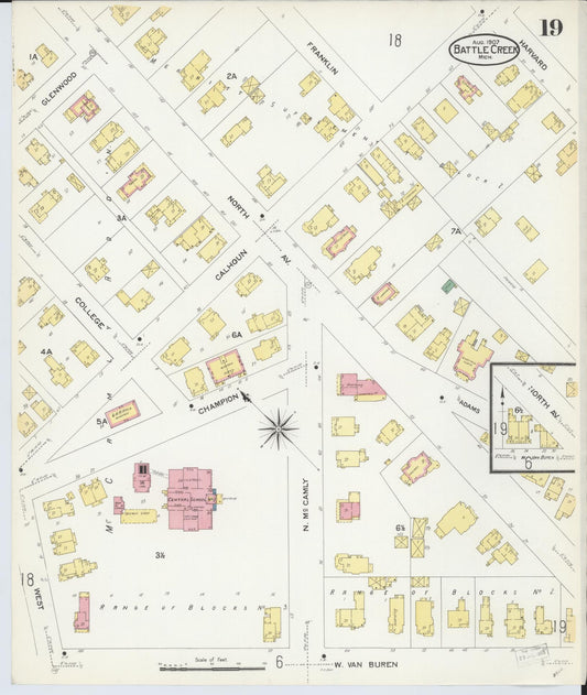 Sanborn Fire Insurance Map from Battle Creek, Calhoun County, Michigan (1907), Sheet #0019 - Historic Sanborn Fire Insurance Map Print, vintage old map wall art, antique decor, genealogy gift, Michigan Michigan map