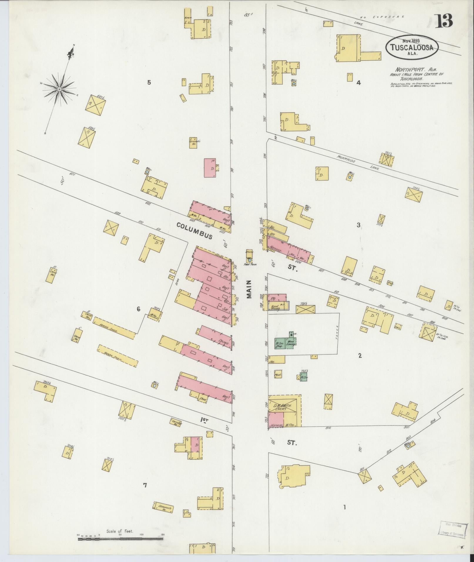 Sanborn Fire Insurance Map from Tuscaloosa, Tuscaloosa County, Alabama (1899), Sheet #0013 - Complete Map Set gallery image, historic Sanborn map, vintage wall art, Alabama Alabama
