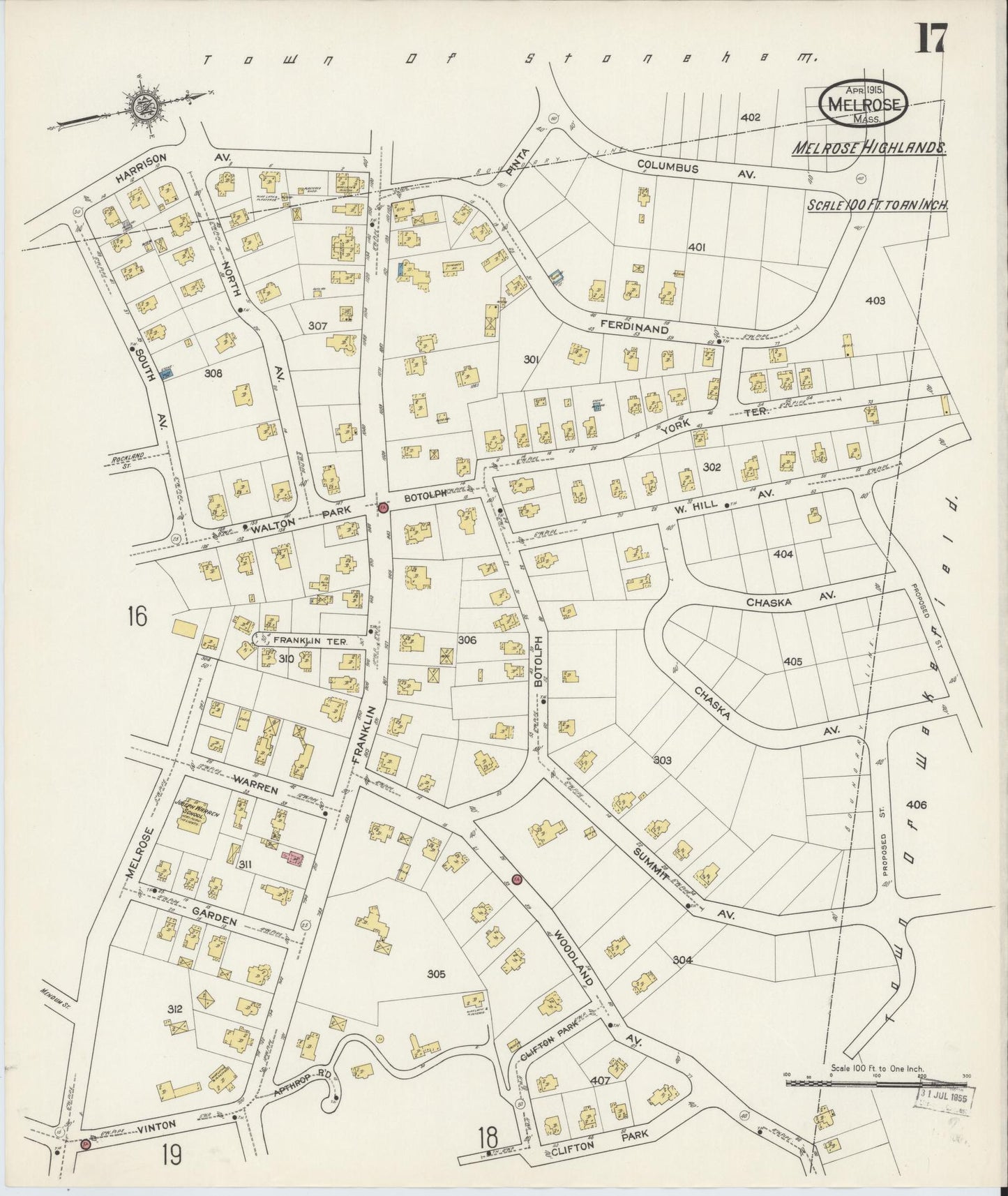 Sanborn Fire Insurance Map from Melrose, Middlesex County, Massachusetts (1915), Sheet #0017 - Complete Map Set gallery image, historic Sanborn map, vintage wall art, Massachusetts Massachusetts