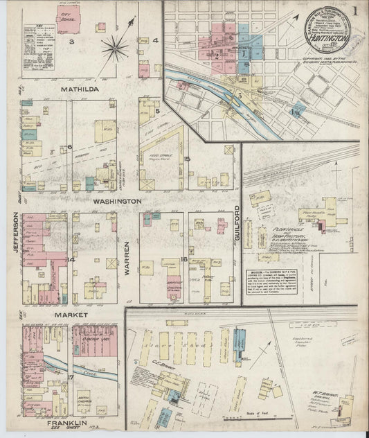Sanborn Fire Insurance Map from Huntington, Huntington County, Indiana (1883), Sheet #0001 - Historic Sanborn Fire Insurance Map Print, vintage old map wall art, antique decor, genealogy gift, Indiana Indiana map
