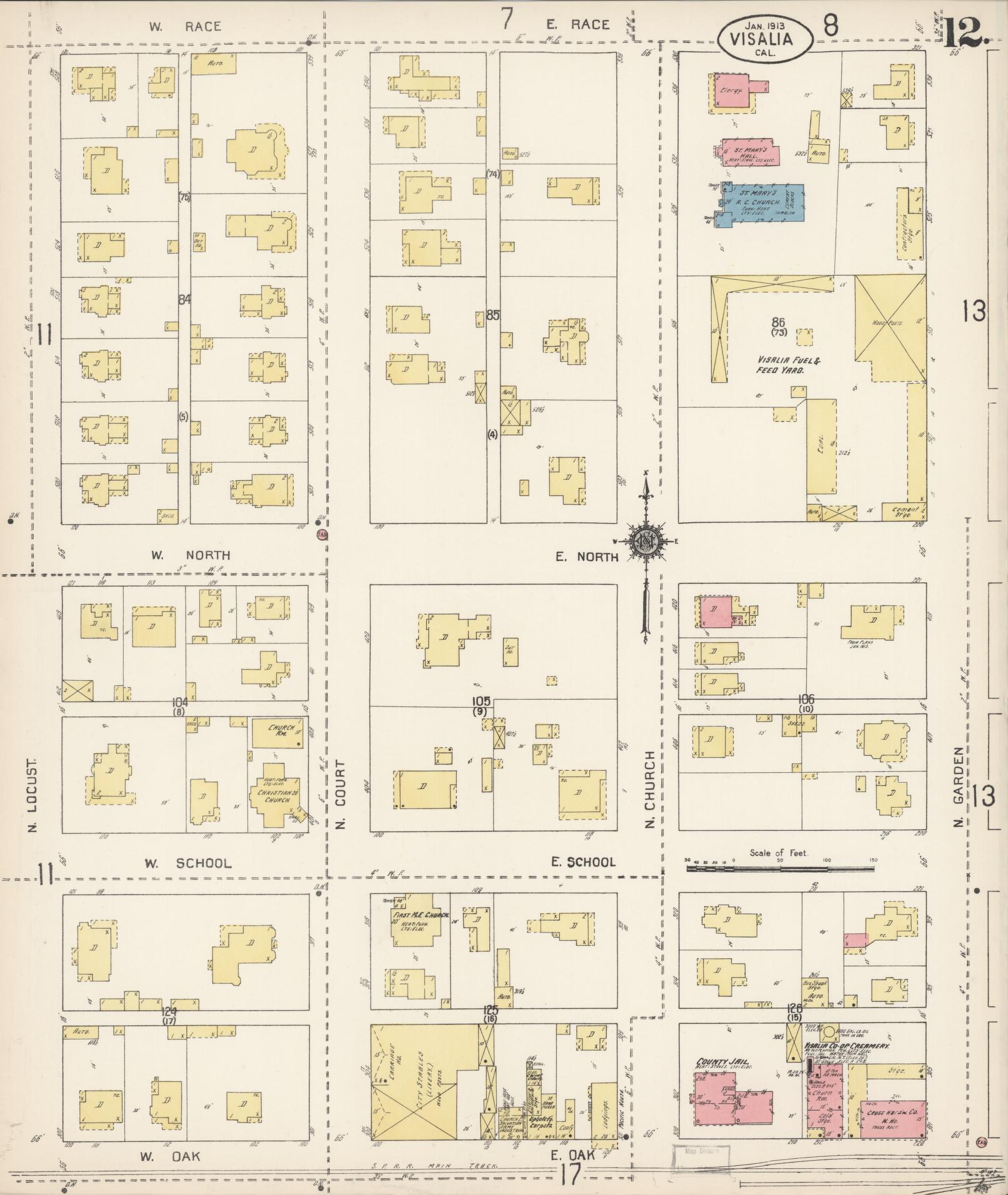 Sanborn Fire Insurance Map from Visalia, Tulare County, California (1913), Sheet #0012 - Complete Map Set gallery image, historic Sanborn map, vintage wall art, California California