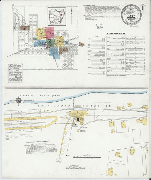 Sanborn Fire Insurance Map from Earle, Crittenden County, Arkansas (1919), Sheet #0001 - Historic Sanborn Fire Insurance Map Print, vintage old map wall art, antique decor, genealogy gift, Arkansas Arkansas map